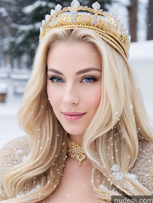 ai nude image of blond woman wearing a tiable and a gold dress in the snow pics of Elemental Series - Ice Snow Diamond Jewelry Gold Jewelry Pearl Jewelry Blonde Regal