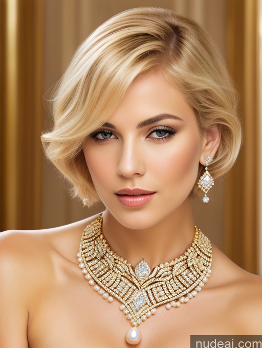 ai nude image of blond woman with a necklace and earrings posing for a picture pics of Elemental Series - Ice Diamond Jewelry Gold Jewelry Pearl Jewelry Blonde Regal Seductive Bobcut