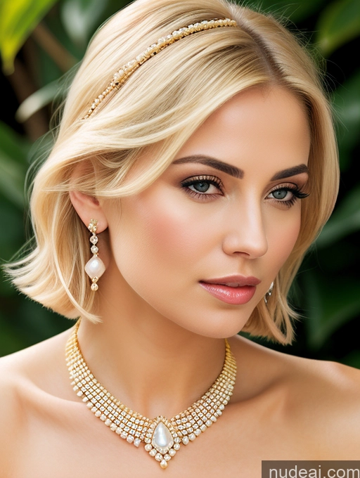 ai nude image of blond woman wearing a necklace and earrings with a pearl necklace pics of Elemental Series - Ice Diamond Jewelry Gold Jewelry Pearl Jewelry Blonde Regal Seductive Bobcut