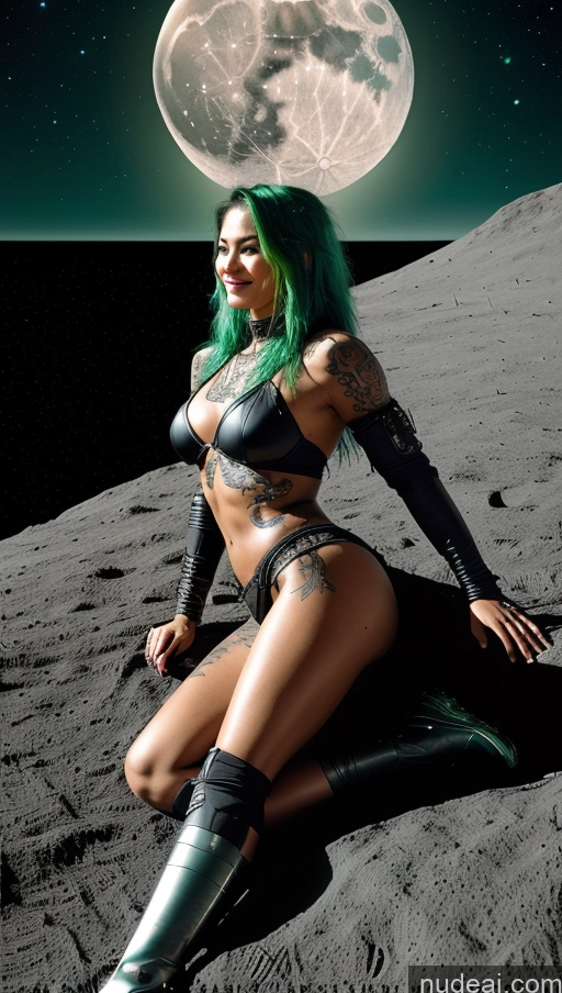 ai nude image of arafed woman with green hair sitting on a rock in front of a full moon pics of Cyborg Tattoos Tanned Skin 18 Messy Front View On Back Fantasy Armor Wine Detailed Small Tits Laughing Green Hair One Perfect Body Filipina Cyberpunk Moon Diamond Jewelry