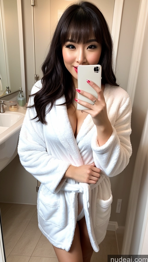 related ai porn images free for Woman One Beautiful Short Fairer Skin 20s Happy Pouting Lips Sexy Face Black Hair Chinese Mirror Selfie Bathroom Front View Bathrobe Bright Lighting Detailed Chubby Bangs Laughing