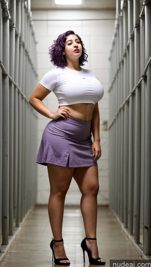 ai nude image of arafed woman in a skirt and high heels standing in a hallway pics of One Huge Boobs Big Ass Fat Short 18 Ahegao Curly Hair Arabic High Heels Micro Skirt Purple Hair Fairer Skin Prison Sorority