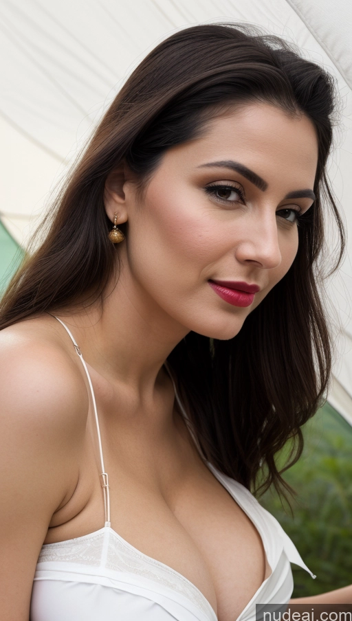 ai nude image of there is a woman in a white dress holding a cell phone pics of Woman One Huge Boobs Beautiful Lipstick Fairer Skin Black Hair Slicked White Tent Close-up View Sari Blouse Cleavage Detailed