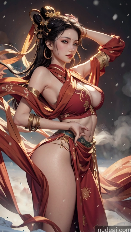 ai nude image of a close up of a woman in a red dress with a red scarf pics of Athlete Perfect Boobs Beautiful Big Ass Big Hips Perfect Body 40s Sexy Face Black Hair Long Hair Japanese Dynamic View Snow Detailed Dunhuang (敦煌) V1 Dark Fantasy