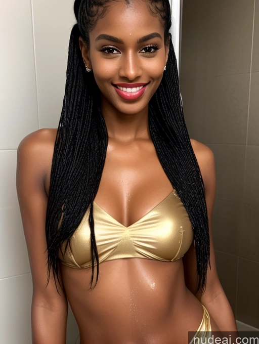 ai nude image of arafed woman in a gold bikini posing in a bathroom pics of Perfect Boobs Beautiful Long Legs Tanned Skin Oiled Body 18 Happy Seductive Sexy Face Shower Sari Transparent Dark Skin Pigtails Black Gold Jewelry Miss Universe Model Lipstick Skinny Tall