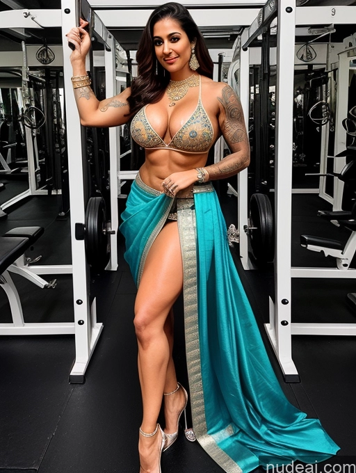 ai nude image of a woman in a blue sari posing in a gym pics of Bodybuilder Busty Beautiful Abs Tattoos Big Ass Thick Tall Fairer Skin 30s Sari Indian Brunette Cleavage Diamond Jewelry Dark Lighting Gym