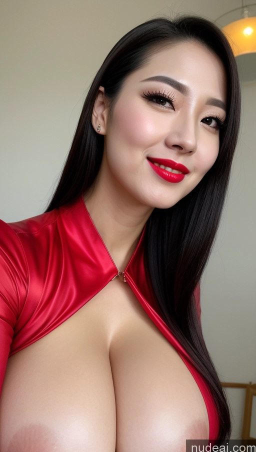 ai nude image of arafed asian woman with big breast posing for a picture pics of Woman Huge Boobs Beautiful Lipstick Fairer Skin 30s Happy Seductive Slicked Korean Close-up View Bright Lighting Sexy Face Devil Black Hair