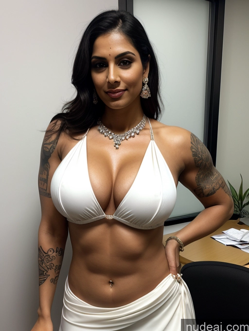 ai nude image of there is a woman in a white bikini posing for a picture pics of Bodybuilder Busty Beautiful Abs Tattoos Big Ass Thick Tall Fairer Skin 30s Sari Indian Cleavage Diamond Jewelry Dark Lighting Office Ginger