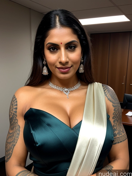 ai nude image of there is a woman in a green dress posing for a picture pics of Bodybuilder Busty Beautiful Abs Tattoos Big Ass Thick Tall Fairer Skin 30s Sari Indian Cleavage Diamond Jewelry Dark Lighting Office Ginger