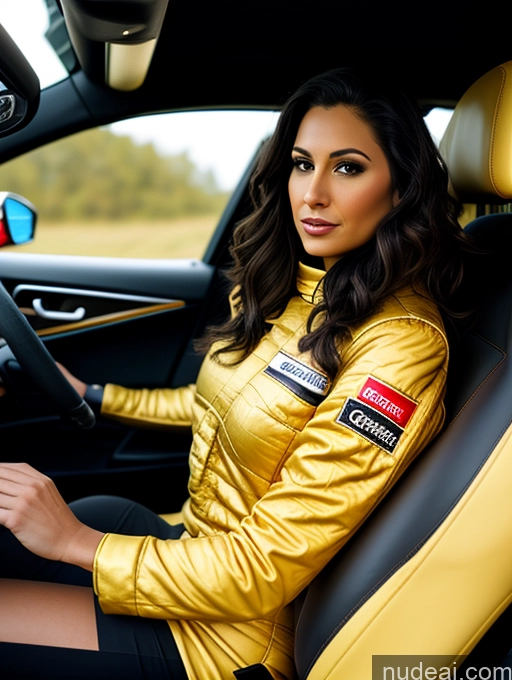 ai nude image of arafed woman in a yellow jacket sitting in a car pics of Woman Two Short Chubby Big Ass 30s Sexy Face Long Hair Latina Car Race Driver Gold Jewelry Dark Lighting Detailed