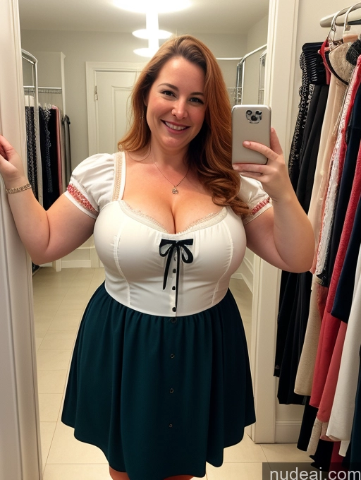 ai nude image of araffe woman taking a selfie in a closet with clothes pics of Woman Fat Big Hips Fairer Skin Pubic Hair Big Ass Happy Ginger Long Hair White Changing Room Small Tits 50s Dirndl