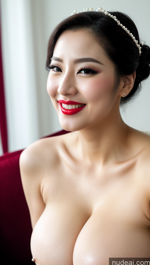 ai nude image of araffed asian woman with big breastes posing for a picture pics of Woman Huge Boobs Beautiful Lipstick Fairer Skin 30s Happy Seductive Slicked Korean Close-up View Devil Bright Lighting Sexy Face Wedding Pearl Jewelry Black Hair