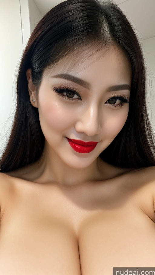 ai nude image of a close up of a woman with a red lipstick and big tits pics of Woman Huge Boobs Beautiful Lipstick Fairer Skin 30s Happy Seductive Black Hair Slicked Korean Close-up View Devil Bright Lighting Sexy Face