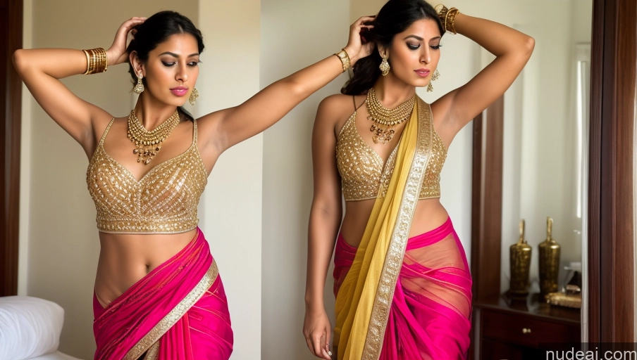 ai nude image of araffed woman in a pink sari and gold jewelry pics of Woman Trans Girl With Erect Penis Front View Transparent Indian Several Gold Jewelry T-pose Sari