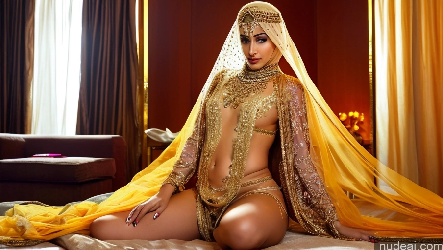 ai nude image of araffe woman in a gold outfit sitting on a bed pics of Woman Trans Girl With Erect Penis Front View Indian Gold Jewelry Transparent Spreading Legs Pajamas Niqab