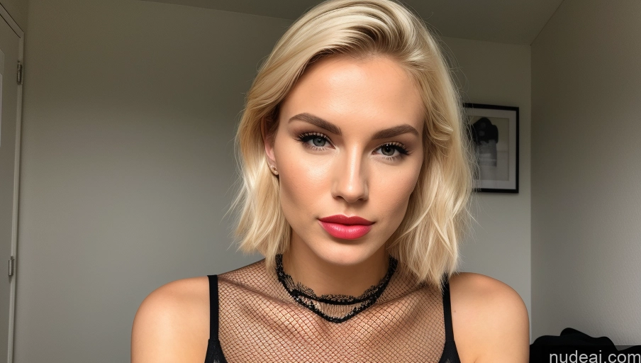 ai nude image of blond woman with a black top and a black choker pics of Miss Universe Model One Perfect Boobs Beautiful Lipstick Big Hips Long Legs Skinny Fairer Skin 20s Pouting Lips Blonde Straight Czech Skin Detail (beta) Changing Room Bending Over Fishnet Bright Lighting Detailed Front View