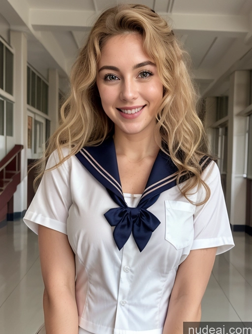 Model Perfect Boobs 30s Happy Blonde Curly Hair German School Hallway JK Uniform Topless