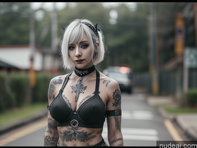 ai nude image of there is a woman with tattoos on her body and a bra top pics of Slicked Tattoos Perfect Boobs Big Ass Abs Perfect Body Muscular Gothic Punk Girl Seductive Korean Fairer Skin White Hair Choker Police