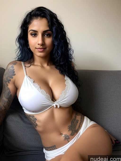 ai nude image of arafed woman with tattoos on her arms and chest sitting on a couch pics of Athlete Busty Beautiful Tattoos Abs Short Fairer Skin Perfect Body Sexy Face Blue Hair Curly Hair Indian Blouse Sari Cleavage Dark Lighting Couch 18