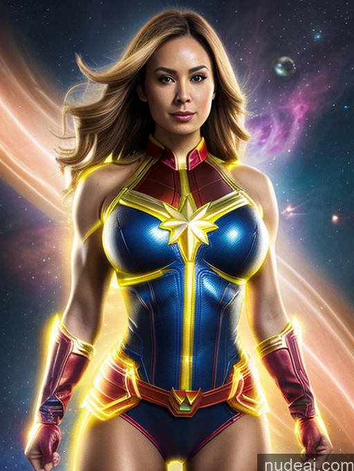 related ai porn images free for Busty Muscular Cosplay Superhero Science Fiction Style Neon Lights Clothes: Yellow Captain Marvel Superheroine Powering Up Dynamic View Space Undressing