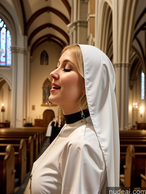 ai nude image of woman in a nun costume standing in a church with a nun's head covering pics of Small Tits Beautiful Orgasm Blonde Soft + Warm Church Choker Nun Detailed POV Focus Sex Back View