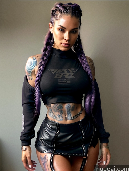 ai nude image of there is a woman with purple hair and tattoos posing for a picture pics of Cyborg Hourglass Perfect Boobs Beautiful Tattoos Muscular Big Ass Perfect Body Purple Hair Braided Mini Skirt Jacket