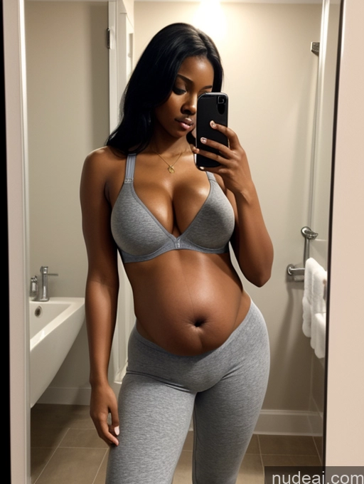 ai nude image of pregnant woman taking a selfie in a bathroom mirror pics of Woman One Perfect Boobs Perfect Body Pubic Hair Pregnant Dark Skin 20s Serious Black Hair Nigerian Mirror Selfie Bathroom Bright Lighting Sad Yoga Pants Bra