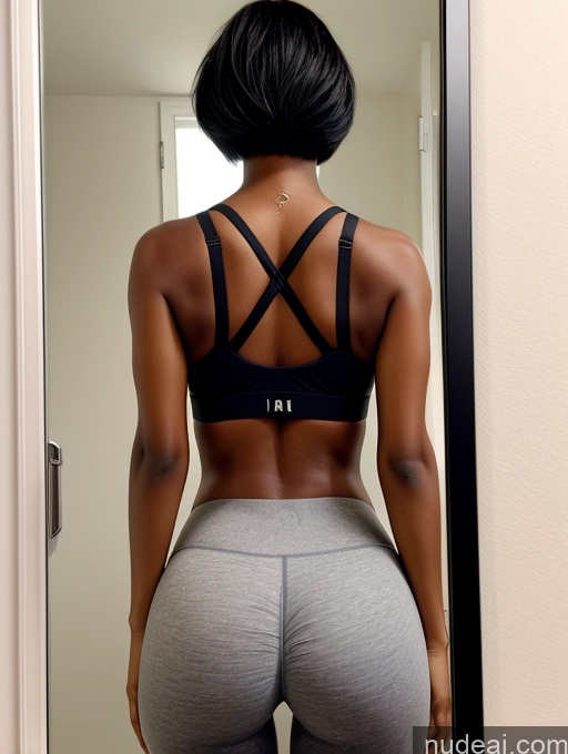 ai nude image of araffe woman in a black bra top and grey pants looking at herself in a mirror pics of Woman One Perfect Boobs Perfect Body Pubic Hair Pregnant Dark Skin 20s Serious Black Hair Nigerian Mirror Selfie Bathroom Bright Lighting Sad Yoga Pants Bra Short Hair