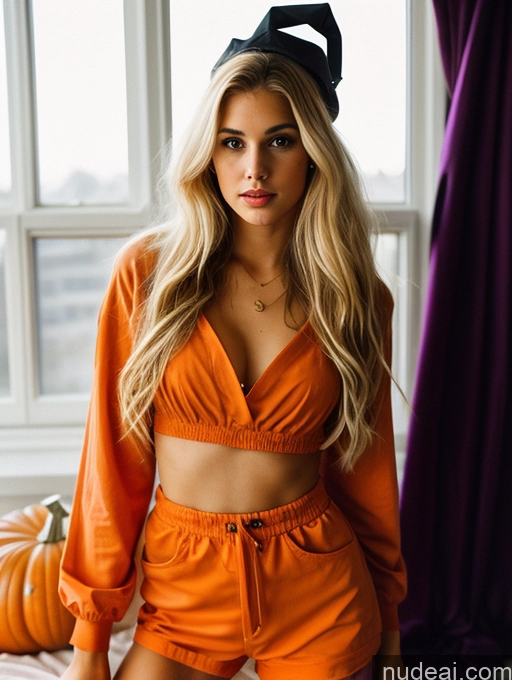 ai nude image of blond woman in orange outfit posing in front of a window pics of Sorority Beautiful Perfect Body 18 Messy Dutch Front View Blonde 60s Halloween