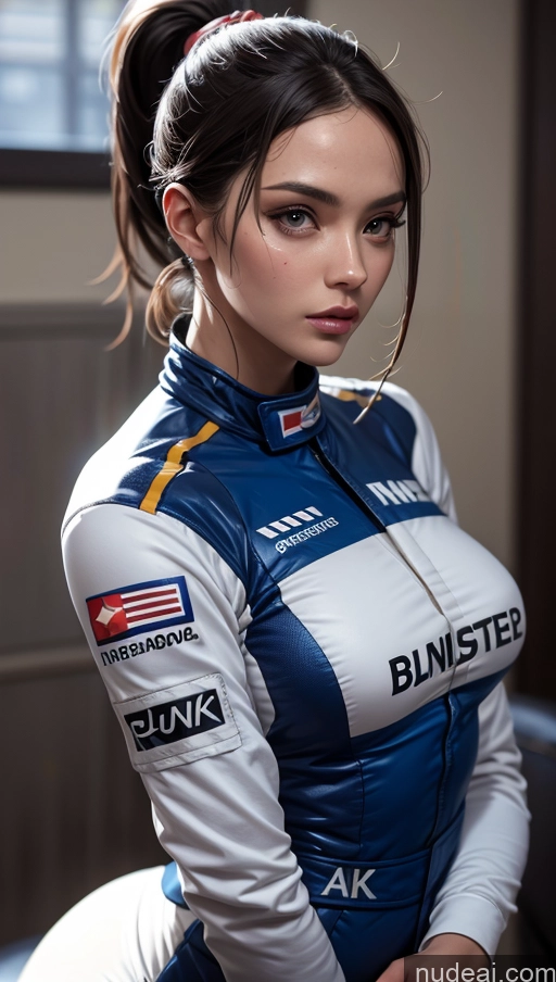 ai nude image of arafed woman in a blue and white racing suit posing for a picture pics of One Perfect Boobs Perfect Body 20s Sexy Face Seductive Spanish Skin Detail (beta) Detailed Suit Model Serious Race Driver Front View Ponytail