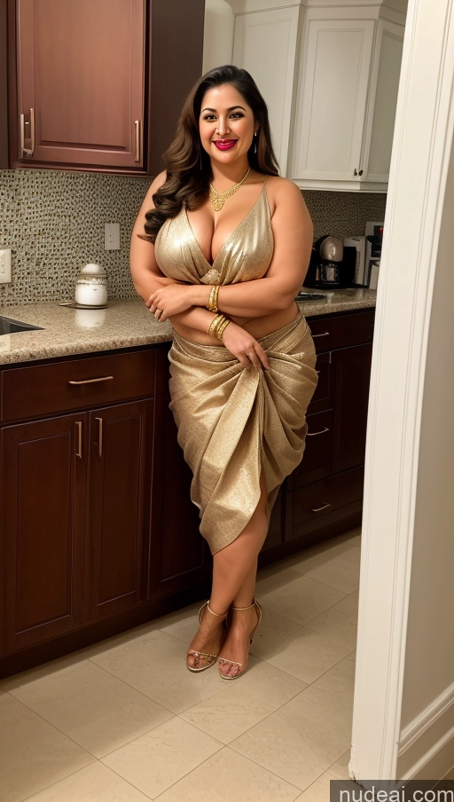 ai nude image of araffe woman in a gold dress posing in a kitchen pics of Milf Busty Beautiful Lipstick Chubby Thick 20s Happy Seductive Brunette Long Hair Russian Kitchen Front View Squatting Nude Sari Cleavage Gold Jewelry Diamond Jewelry Detailed Big Hips