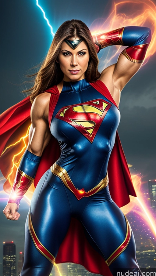 ai nude image of a woman in a superman costume posing with lightning behind her pics of Superhero Heat Vision Muscular Busty Small Tits Abs Dynamic View Powering Up