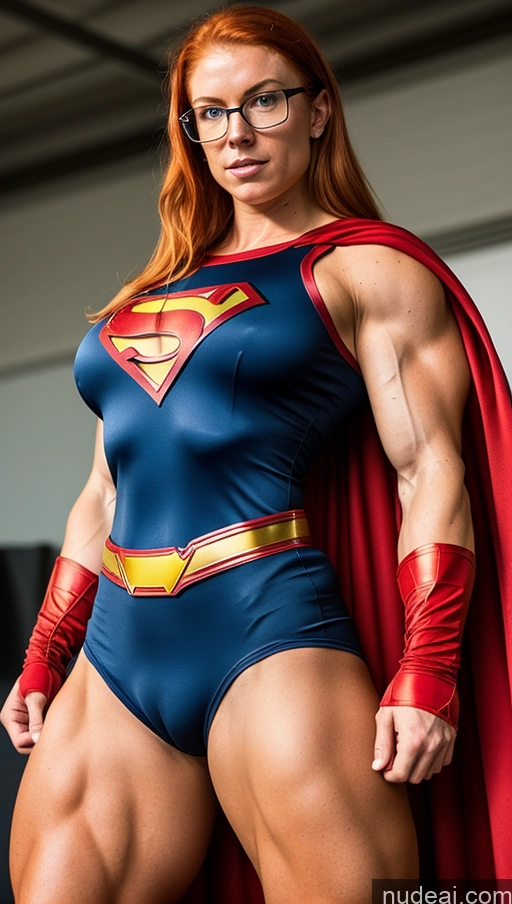 ai nude image of arafed woman in a superman costume posing for a picture pics of Superhero Ginger Irish Busty Glasses Abs 18 Muscular Powering Up Small Tits Bodybuilder