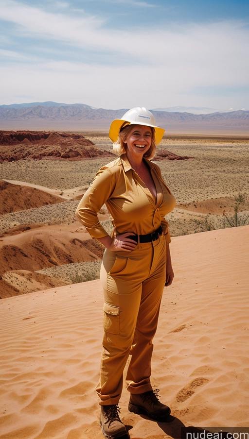 ai nude image of woman in yellow outfit standing in desert with mountains in background pics of One Busty Huge Boobs Perfect Boobs Beautiful Big Ass Thick Big Hips Perfect Body Oiled Body Happy Blonde Short Hair T-pose Irish Vintage Desert Milf Side View 30s Construction Worker