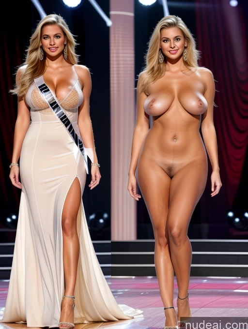 ai nude image of two women in dresses walking on a runway with one wearing a sash pics of Miss Universe Model Perfect Body Perfect Boobs Huge Tits, Hard Nipples Dress Onoff Regal Blonde Stage