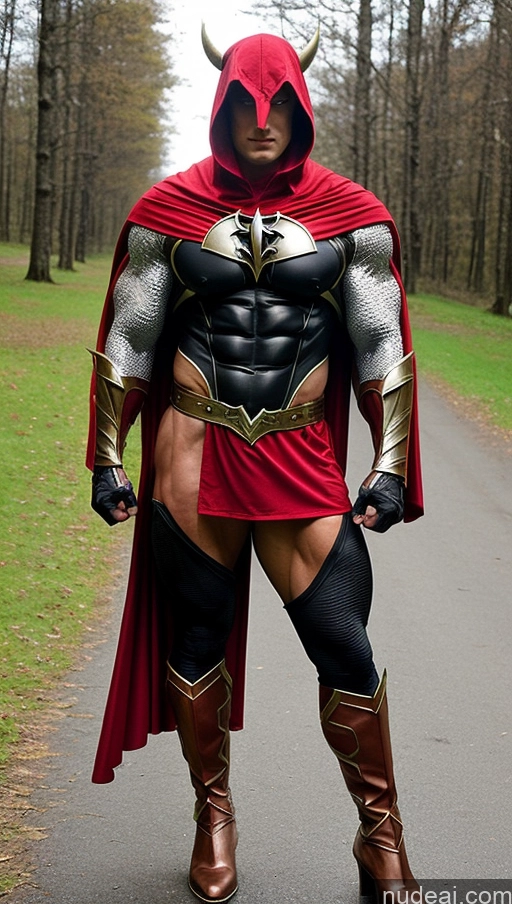 ai nude image of arafed man in a red cape and black outfit standing on a road pics of Fantasy Armor Busty Abs Superhero Bodybuilder