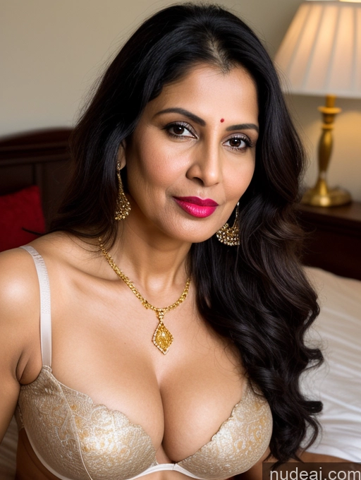 ai nude image of araffed woman in a bra top sitting on a bed pics of Milf Busty Beautiful Lipstick Big Ass Fairer Skin 50s Pouting Lips Black Hair Long Hair Indian Bedroom Bra Sari Jewelry Gold Jewelry Bright Lighting Detailed Seductive Sexy Face Front View