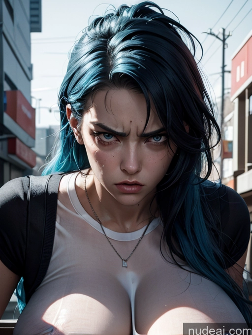 ai nude image of arafed woman with blue hair and piercings on her chest pics of Huge Boobs Skinny 18 Angry Blue Hair Long Hair Sports Italian Street Cyborg Cyberpunk Graphics Legspread Wet T-Shirt