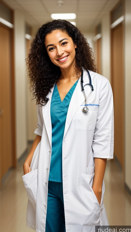 ai nude image of arafed woman in a white lab coat standing in a hallway pics of One Beautiful Short Tanned Skin Black Hair Middle Eastern Woman Hospital 20s Small Tits Small Ass Skinny Happy Curly Hair Doctor Close-up View