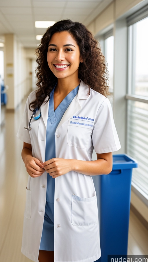 ai nude image of arafed woman in a white lab coat standing in a hospital hallway pics of One Beautiful Short Tanned Skin Black Hair Middle Eastern Woman Hospital 20s Small Tits Small Ass Skinny Happy Curly Hair Doctor Close-up View