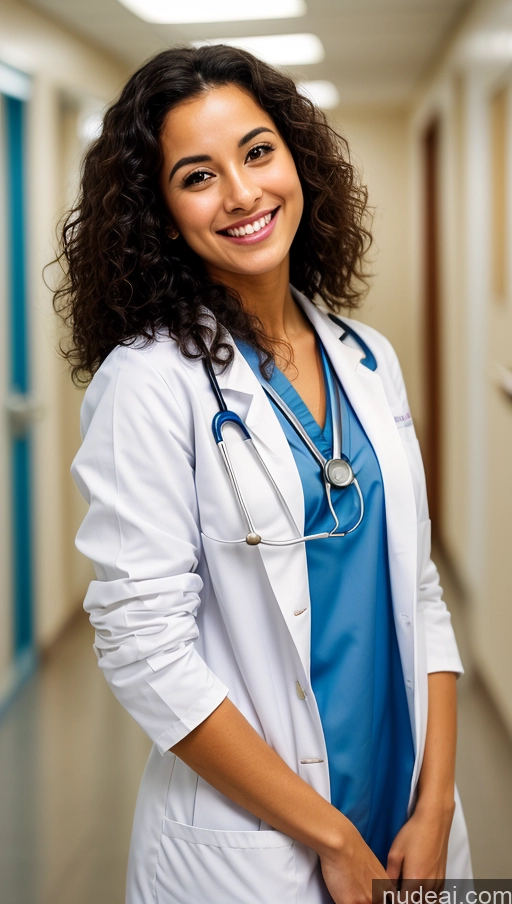 ai nude image of smiling woman in white lab coat and blue scrub suit standing in a hallway pics of One Beautiful Short Tanned Skin Black Hair Middle Eastern Woman Hospital 20s Small Tits Small Ass Skinny Happy Curly Hair Doctor Close-up View