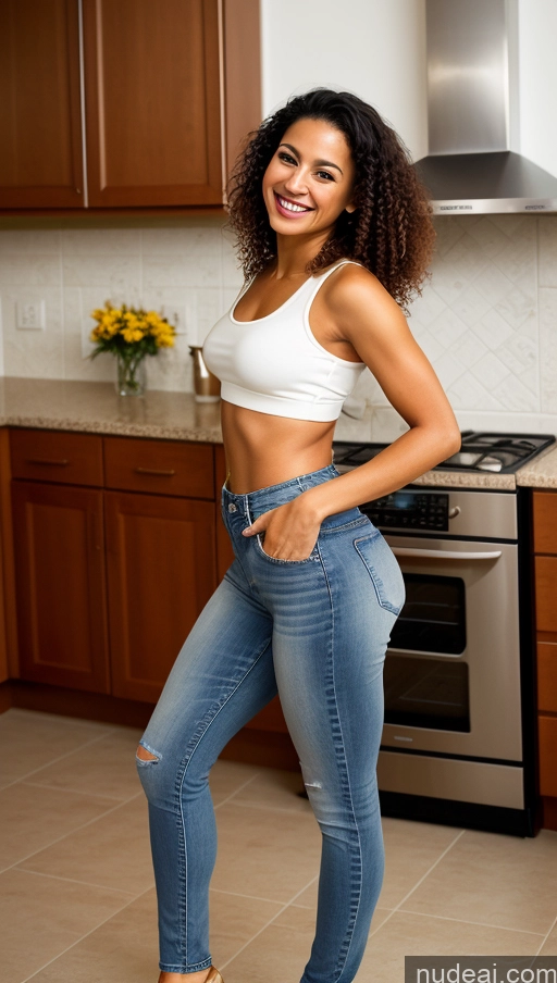 related ai porn images free for One Beautiful Short Tanned Skin Black Hair Middle Eastern Woman Small Tits Small Ass Skinny Happy Curly Hair 30s Kitchen Jeans Tank Top Front View