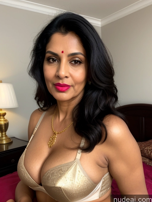 ai nude image of there is a woman in a bra top posing on a bed pics of Milf Busty Beautiful Lipstick Big Ass Fairer Skin 50s Pouting Lips Black Hair Long Hair Indian Bedroom Bra Sari Jewelry Gold Jewelry Bright Lighting Detailed Seductive Sexy Face Front View