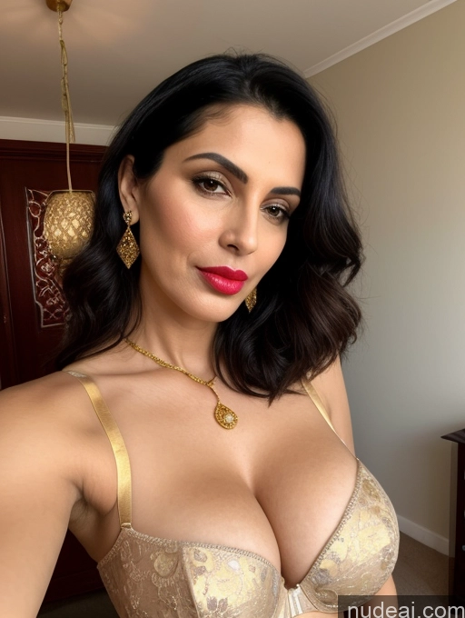 ai nude image of araffed woman in a gold bra top posing for a picture pics of Milf Busty Beautiful Lipstick Big Ass Fairer Skin 50s Pouting Lips Black Hair Long Hair Indian Bedroom Bra Sari Jewelry Gold Jewelry Bright Lighting Detailed Seductive Sexy Face Front View Tall Long Legs