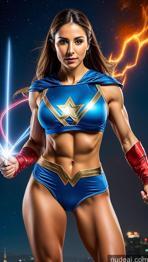 ai nude image of arafed woman in a blue costume holding a sword and a sword pics of Israel Abs Superhero Perfect Boobs Muscular Powering Up