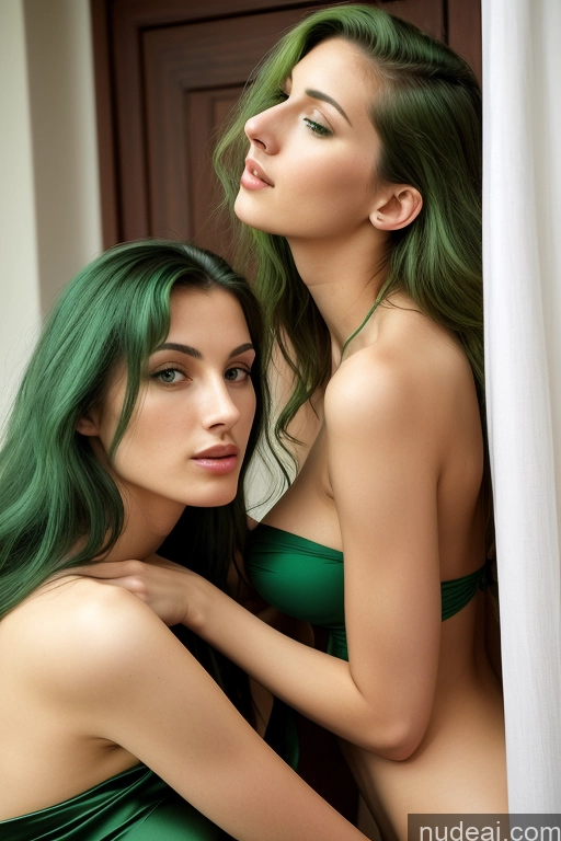 ai nude image of two women in green lingersuits posing for a picture pics of Woman Beautiful Skinny Tall 18 Seductive Sexy Face Long Hair Russian Small Tits Small Ass Dress Green Hair Two