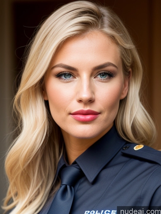 ai nude image of blond woman in uniform posing for a picture in front of a door pics of Model Perfect Boobs Beautiful Lipstick Perfect Body 30s Happy Serious Pouting Lips Sexy Face Bangs Scandinavian T-pose Police