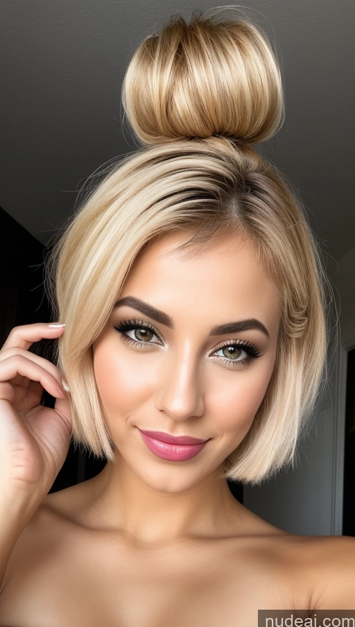 ai nude image of blond woman with a messy bun on her head and a pink lip pics of Pouting Lips Happy Blonde Short Hair Arabic Nude Beer Bright Lighting Detailed Surrealist Massage