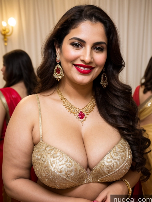 ai nude image of araffe woman in a gold bra top and red lipstick posing for a picture pics of Milf Busty Beautiful Lipstick Chubby Thick Big Hips Fairer Skin 20s Happy Seductive Brunette Long Hair Russian Party Front View Sari Cleavage Diamond Jewelry Gold Jewelry Bright Lighting Detailed