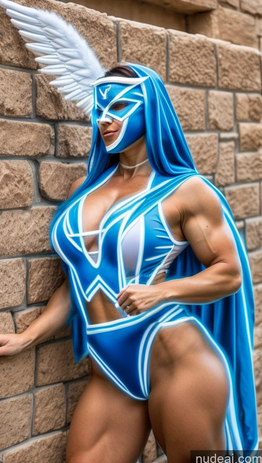 ai nude image of a close up of a person in a costume near a brick wall pics of Israel Superhero Perfect Boobs Neon Lights Clothes: Blue Bodybuilder Angel